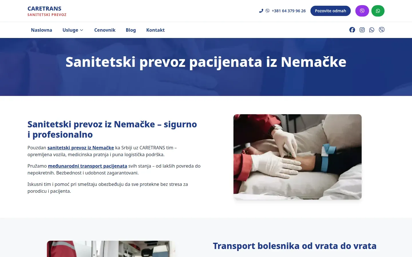 Stranica usluge Sanitetski prevoz pacijenata iz Nemačke.