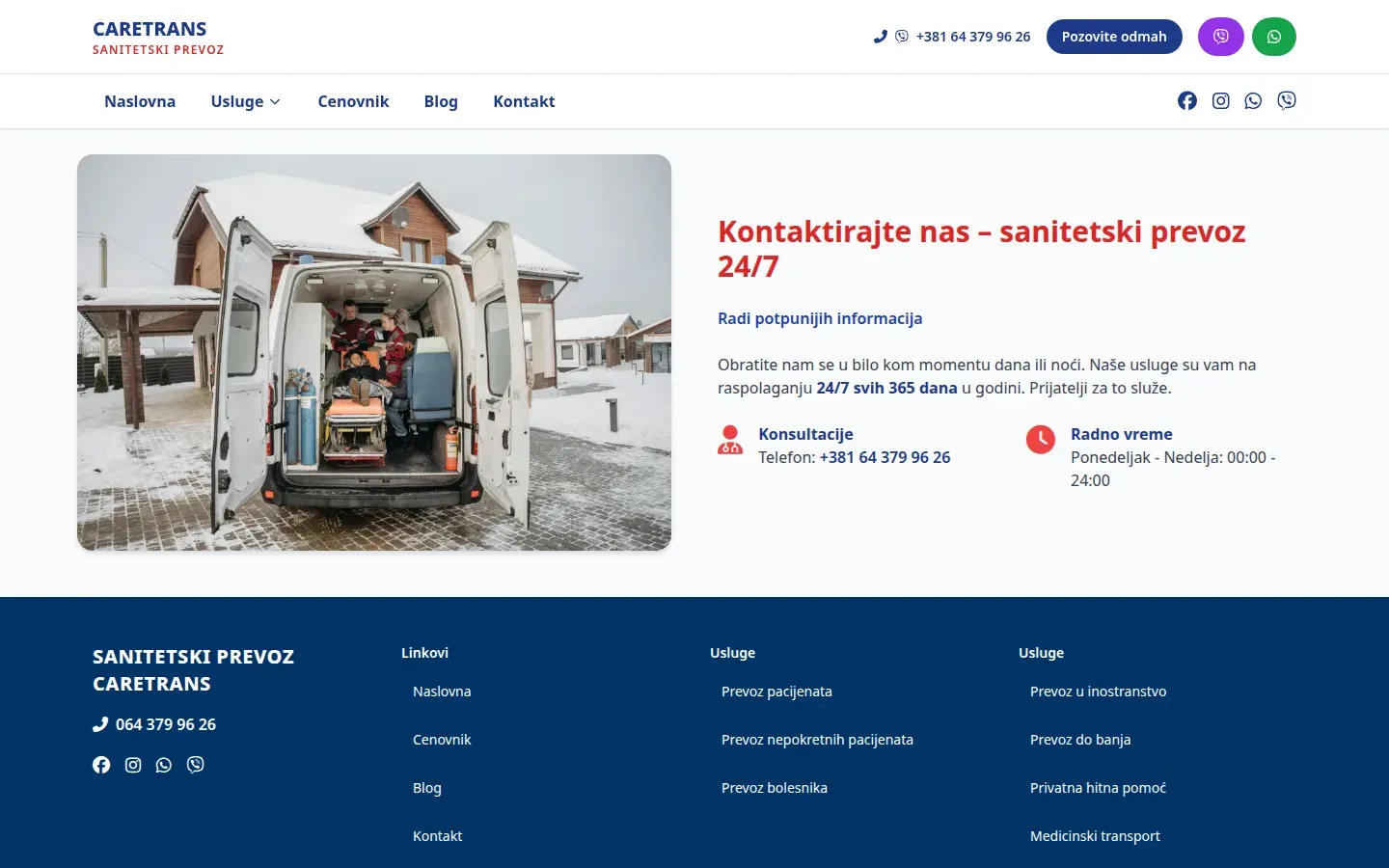 Kontakt strana: dostupni 24/7, svih 365 dana, sa brojem telefona koji se poziva jednim dodirom.