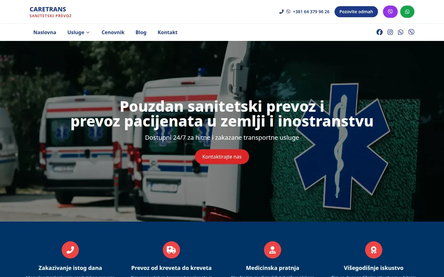 Početna strana CARETRANS-a: sanitetska vozila iza naslova Pouzdan sanitetski prevoz i prevoz pacijenata u zemlji i inostranstvu i dugme za poziv.