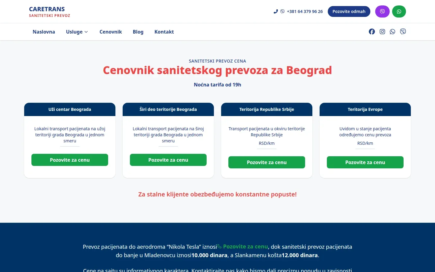 Cenovnik sanitetskog prevoza za Beograd, Srbiju i Evropu, uz dugme za poziv kod svake stavke.