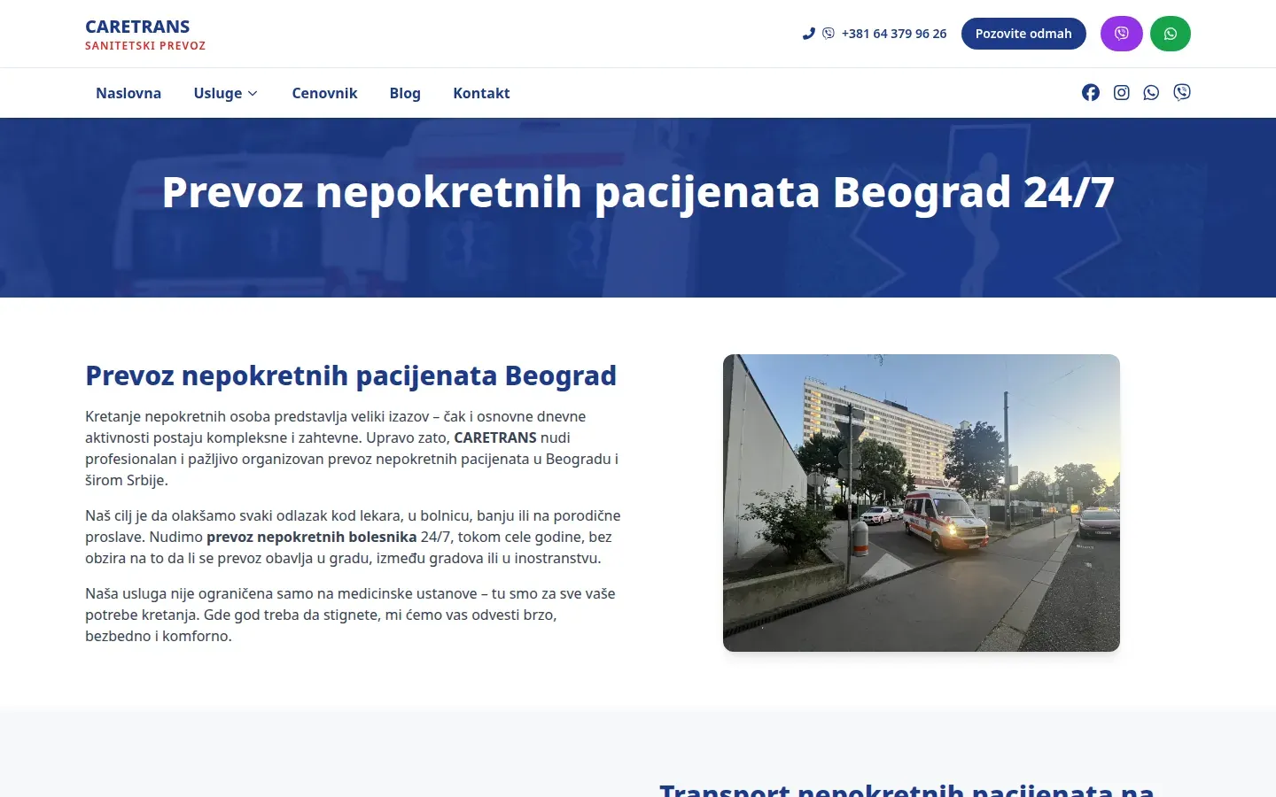 Stranica usluge Prevoz nepokretnih pacijenata Beograd 24/7.