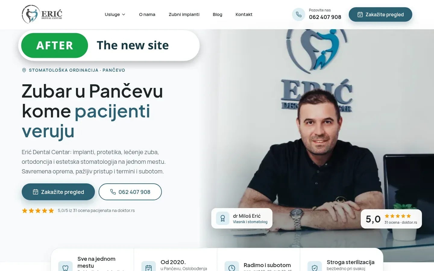 The new site: a hero with the headline Zubar u Pančevu kome pacijenti veruju, a photo of Dr Miloš Erić, a 5.0 rating and a booking button.