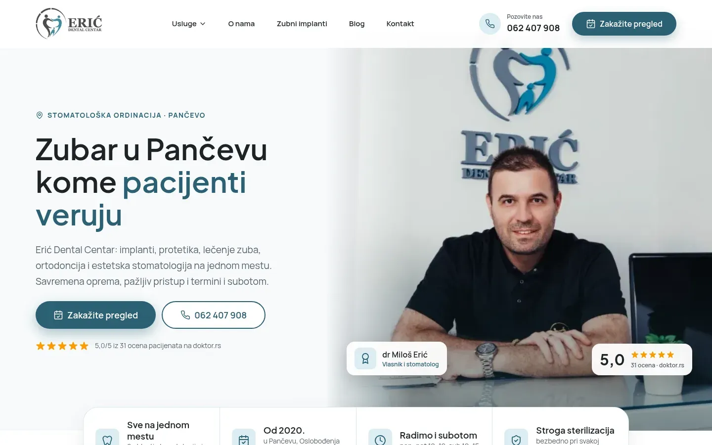 The Erić Dental Centar homepage: the headline Zubar u Pančevu kome pacijenti veruju beside a photo of Dr Miloš Erić and a 5.0 rating.