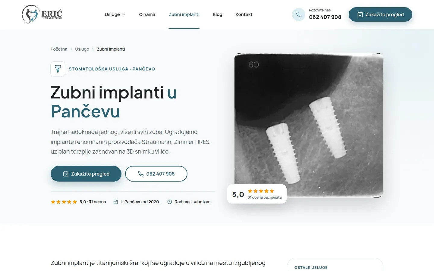 The dental implants service page, with a booking button and the patient rating.