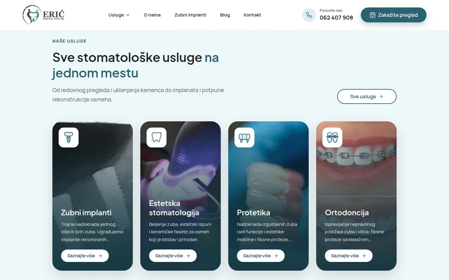 The new site: four featured services with photos, dental implants, cosmetic dentistry, prosthodontics and orthodontics, plus links to the rest.