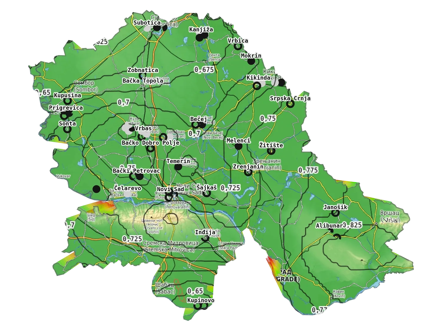 Pogled odozgo na 3D model Vojvodine: mapa terena sa reljefom, konturama dubine do izabrane temperature i bušotinama sa nazivima naselja.