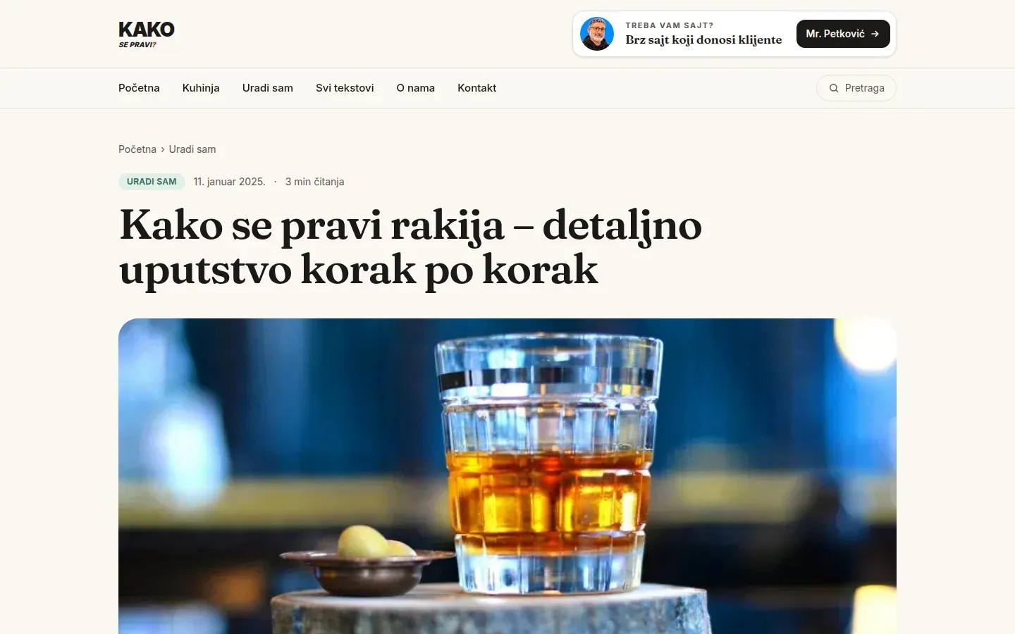 Dugačak vodič Kako se pravi rakija, sa vremenom čitanja i velikom naslovnom fotografijom.