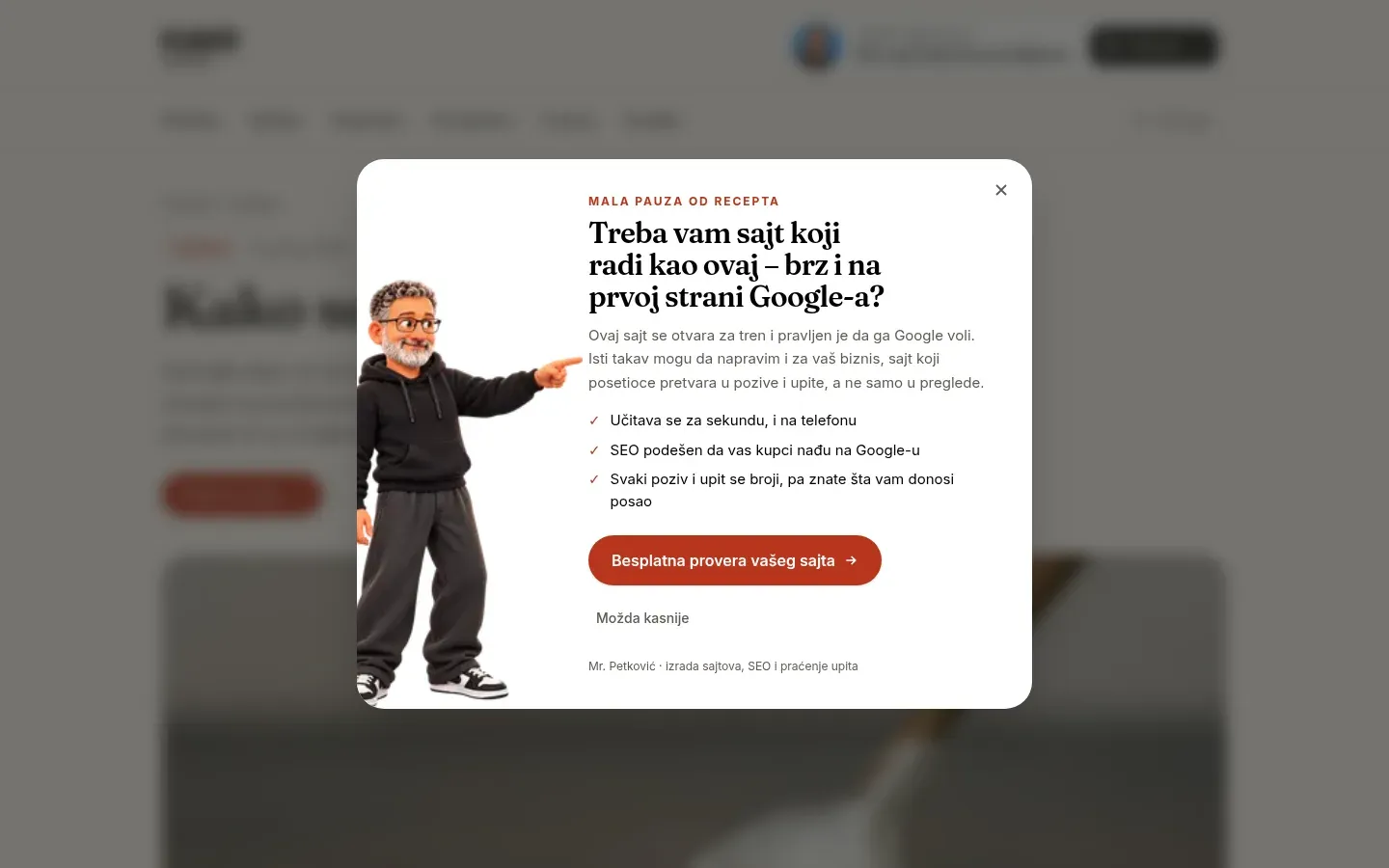 Popup koji se pojavi posle 40 sekundi čitanja i nudi brz sajt za vaš biznis.
