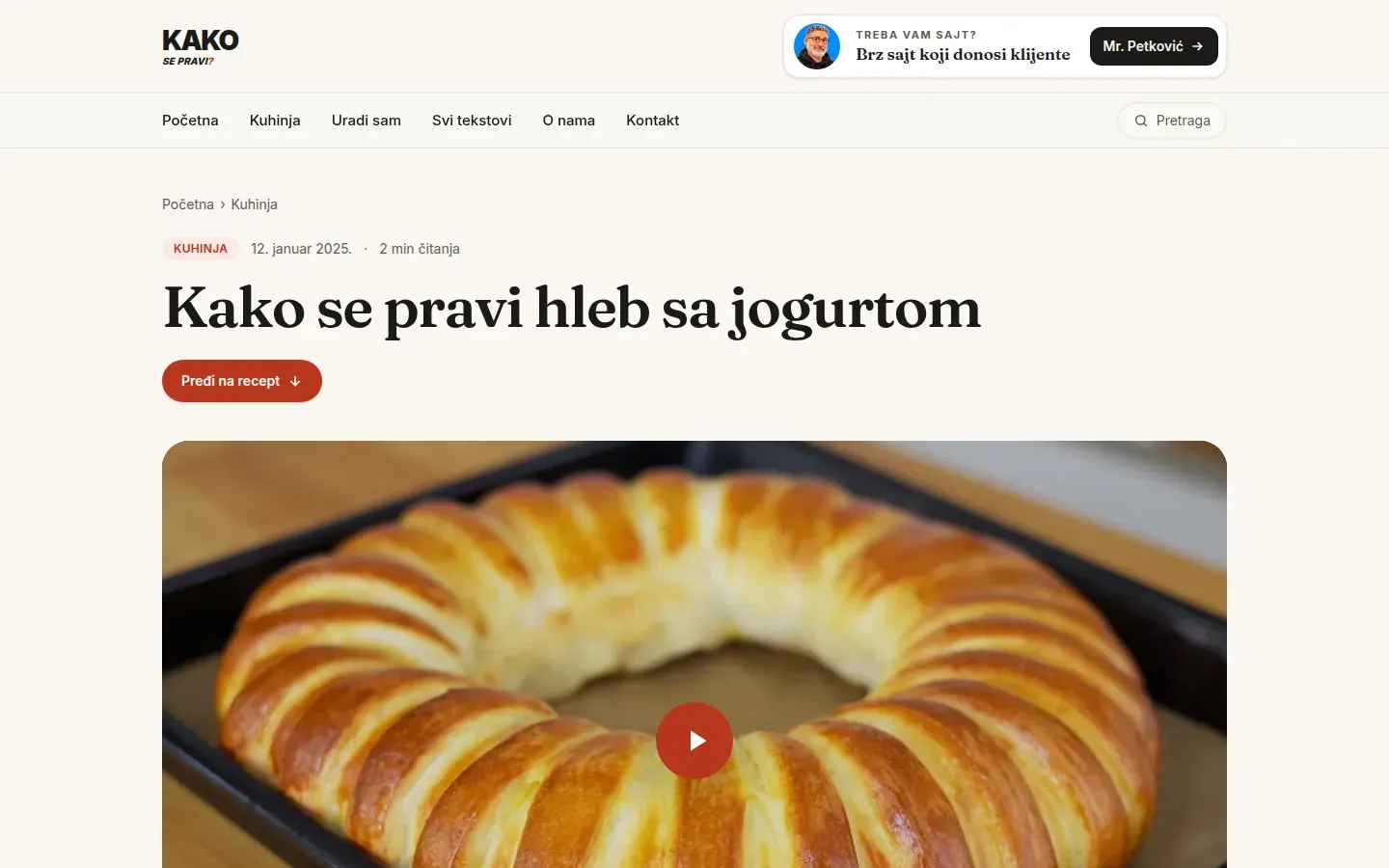 Strana recepta Kako se pravi hleb sa jogurtom, sa dugmetom Pređi na recept i videom koji se učitava tek na klik.
