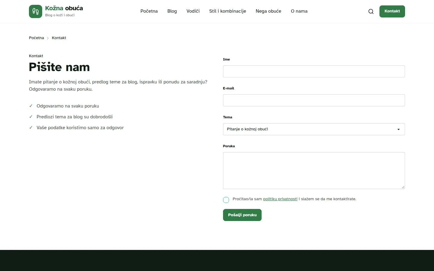 The contact page with the only form on the site.