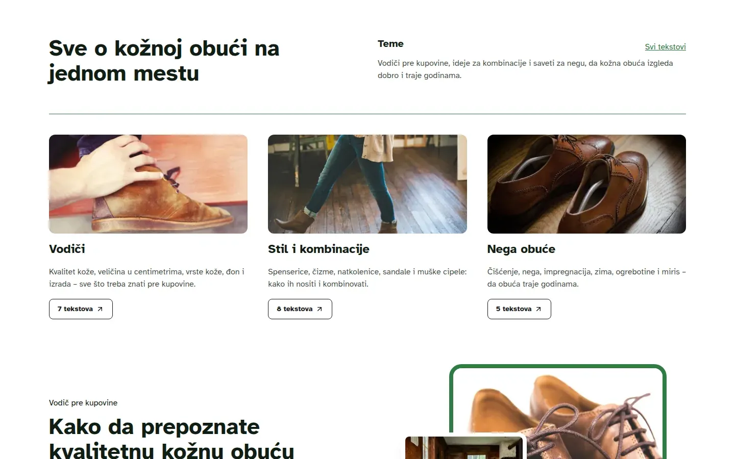 Three topic cards: guides, style and care.