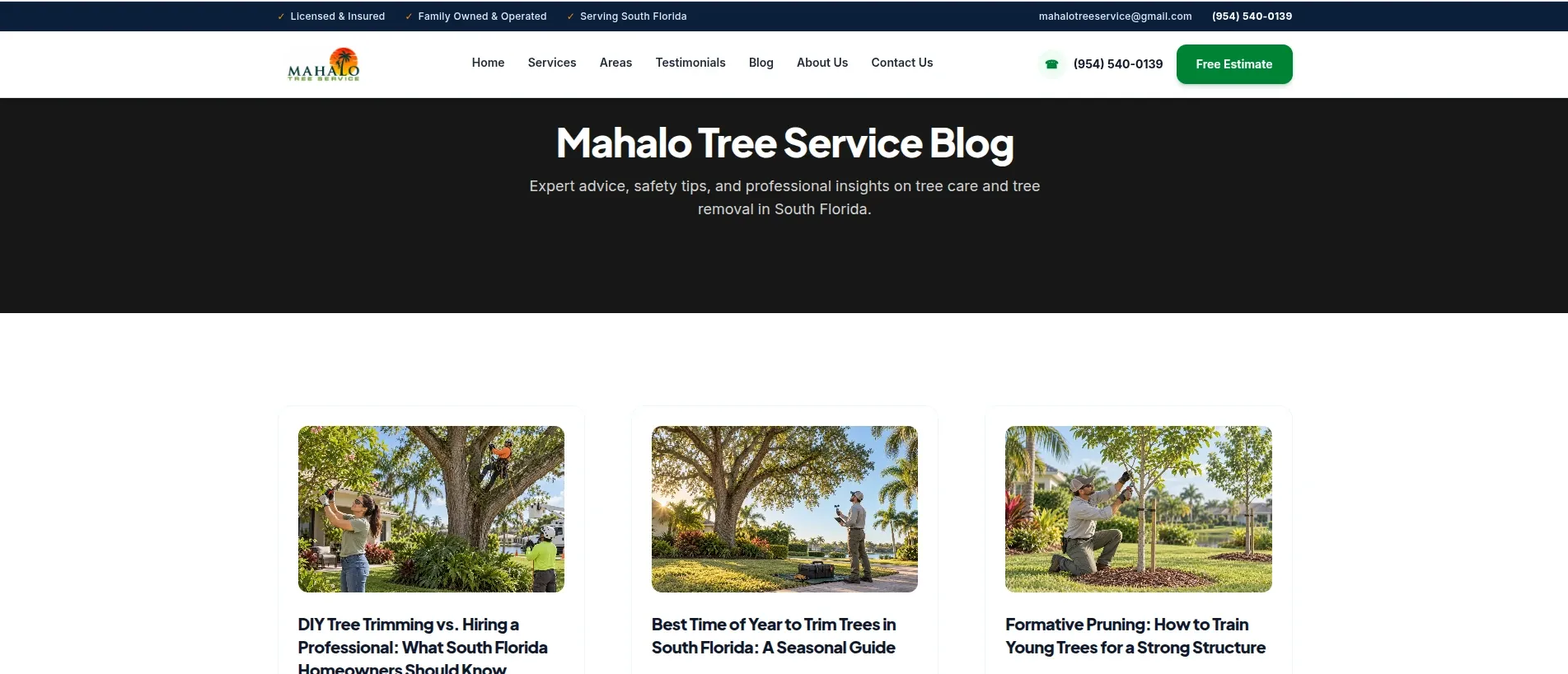 Blog Mahalo Tree Service, sa vodičima o nezi drveća za Južnu Floridu, pisanim za SEO.
