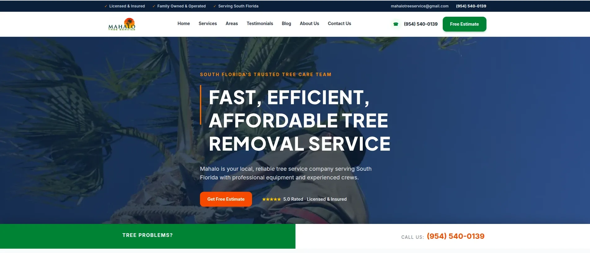 The Mahalo Tree Service homepage hero: Fast, Efficient, Affordable Tree Removal Service, over a live job-site photo.