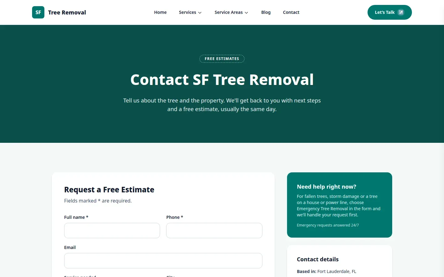 The contact page: a free-estimate form with name, phone, email, service and city, and a note on marking a request as an emergency.