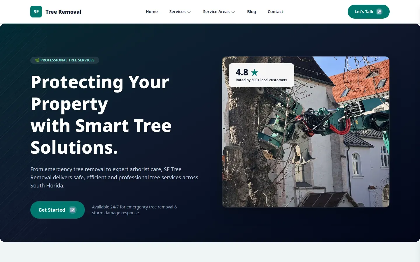 The SF Tree Removal homepage hero: Protecting Your Property with Smart Tree Solutions, beside a photo of a crane grapple taking down a tree.