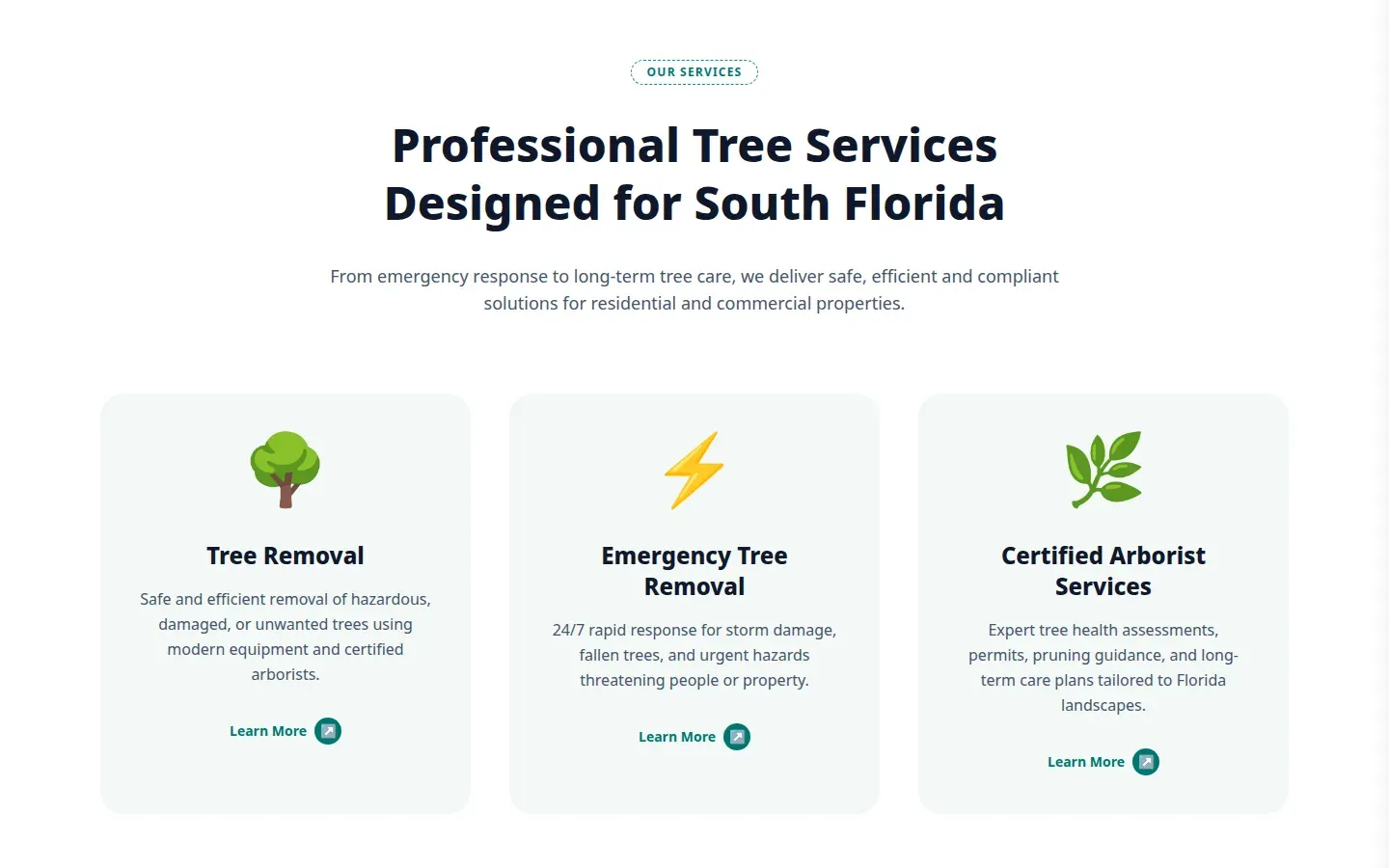 The services section: Tree Removal, Emergency Tree Removal and Certified Arborist Services, each linking to its own page.
