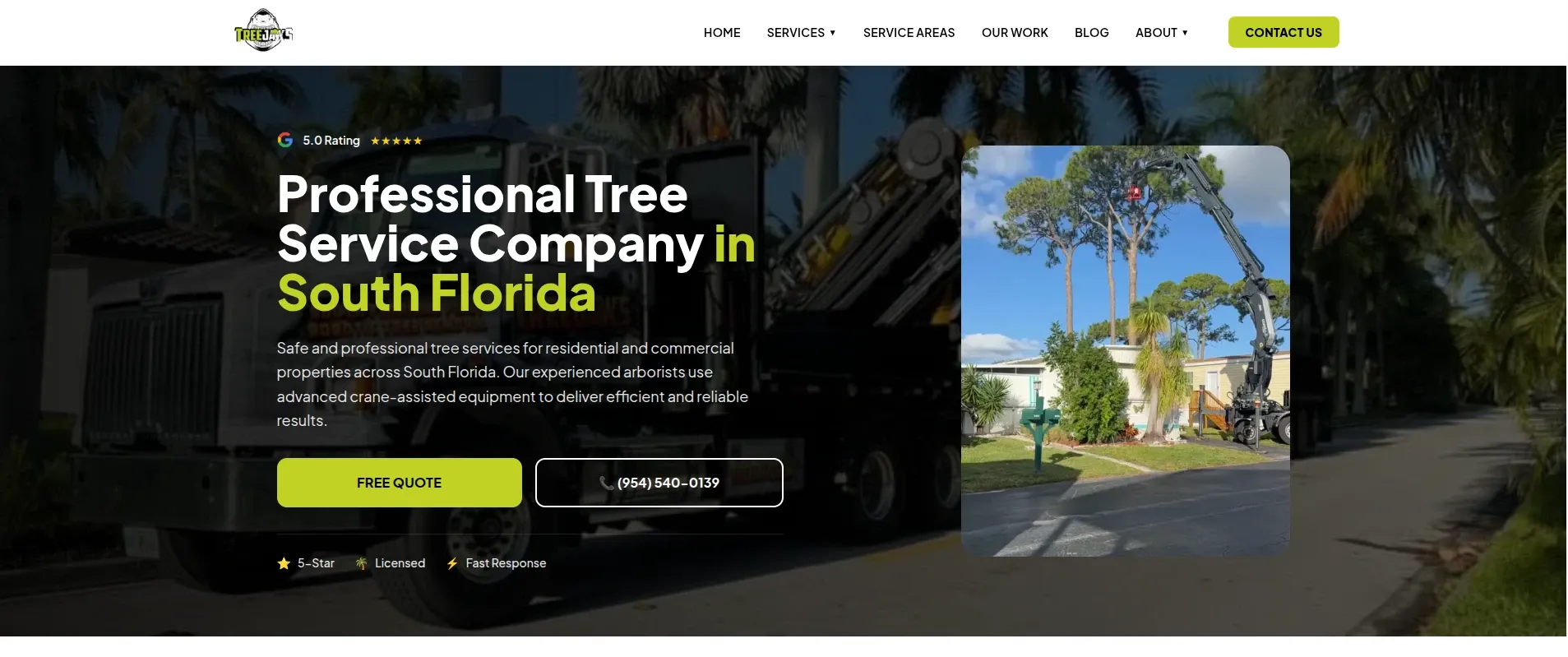 The Tree Jaws homepage hero, built around a live job-site photo with the company's rating and trust signals up front.