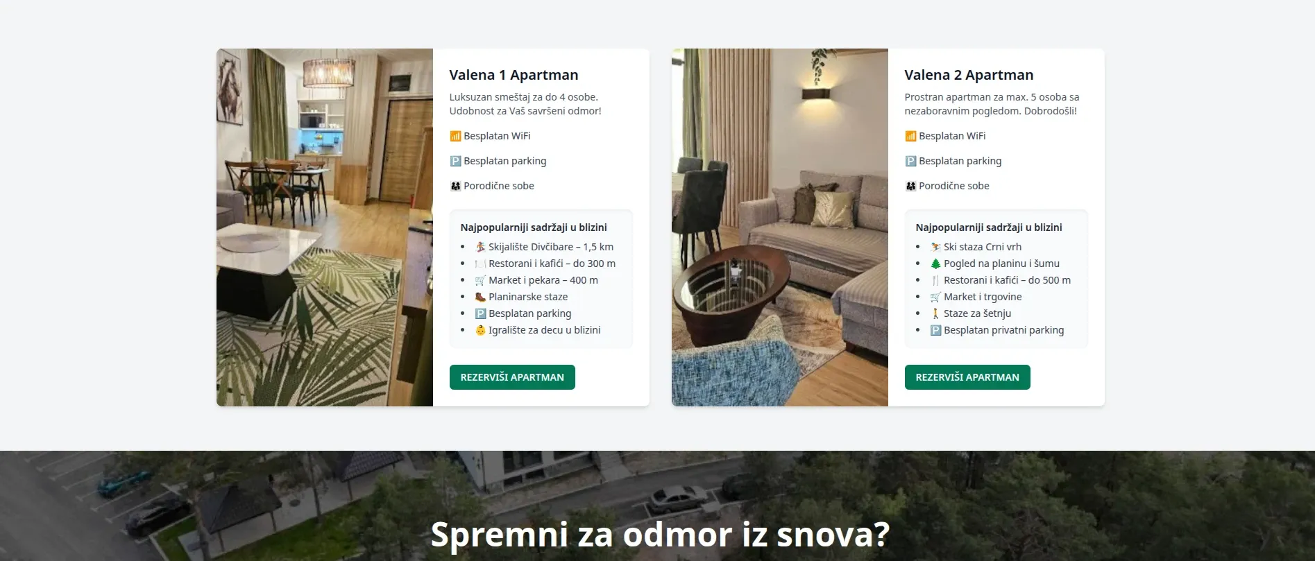 Sekcija sa dva apartmana: svaka kartica prikazuje sadržaje i obližnja mesta, uz dugme Rezerviši.