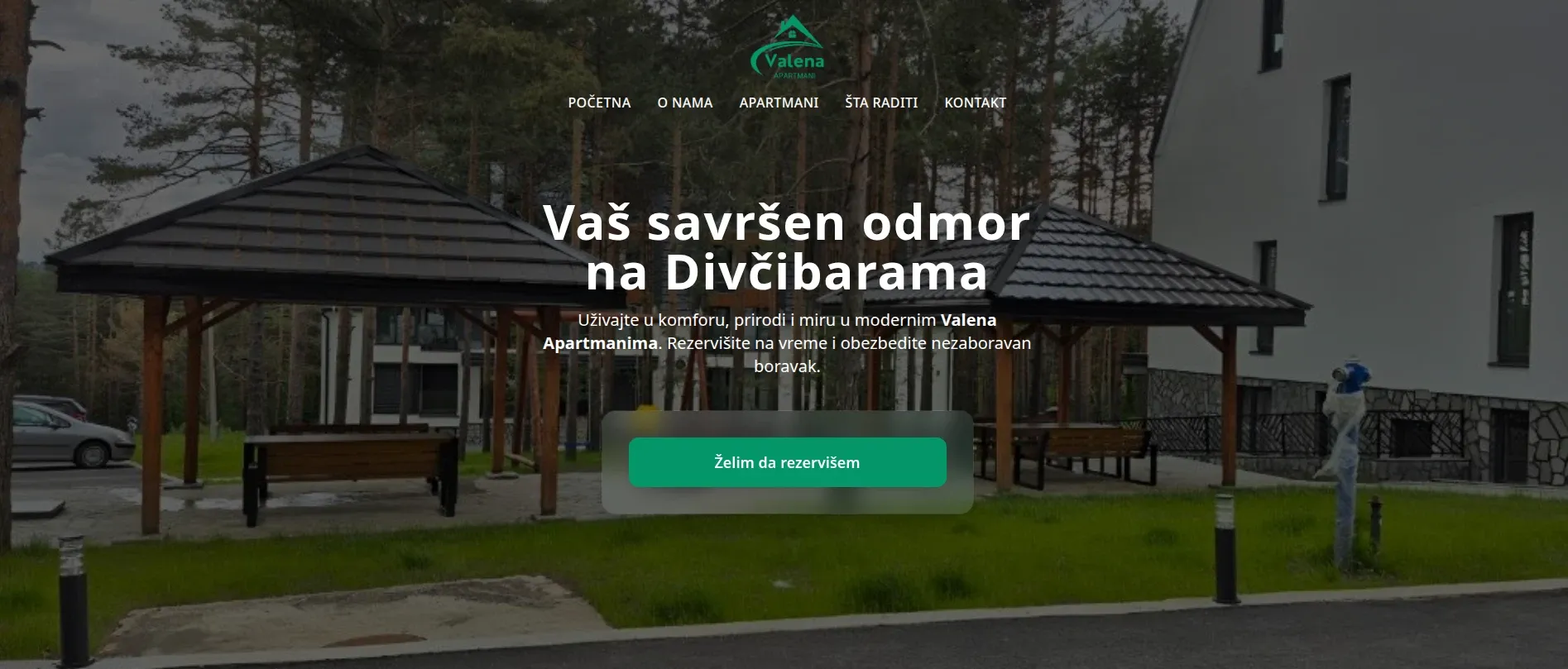 The Valena Apartmani homepage hero: Your perfect getaway on Divčibare, over a photo of the property.